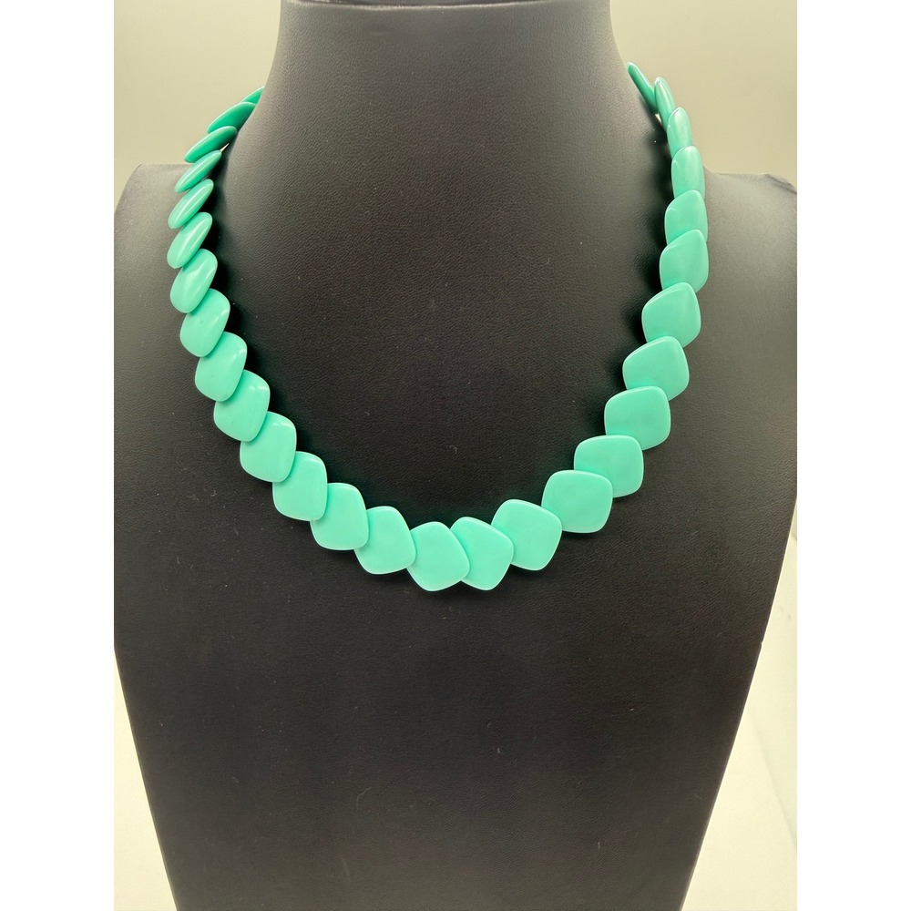 Vintage Teal Blue Diamond Bead Statement Necklace Geometric Resin Choker - Picture 5 of 6